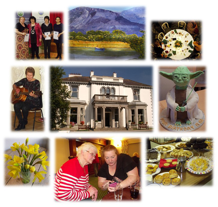 An Grianan surrounded by pictures of different activities such as flower arranging painting dining etc