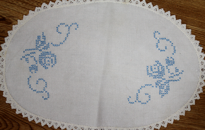 Cross stitch tray cloth by Mary DeCourcey
