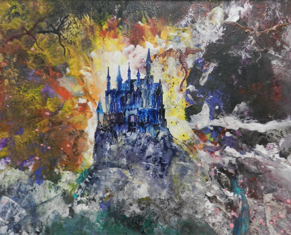 Hilary Fitzgerald encaustic art depicting Hogwarts School perched on a high cliff