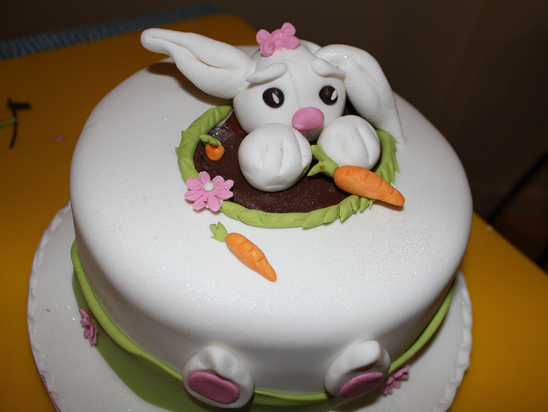 The finished bunny cake, side view